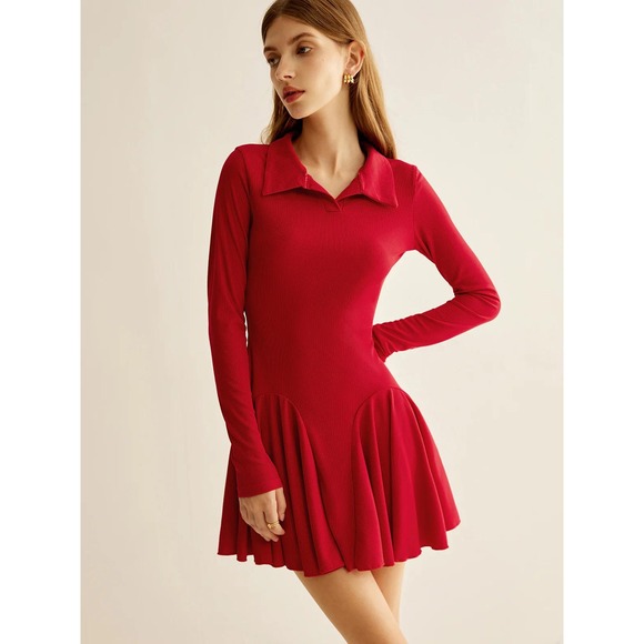 Commense Red Ribbed Knit Mini Dress Long Sleeve Polo Collar Fit and Flare Small - Picture 3 of 17